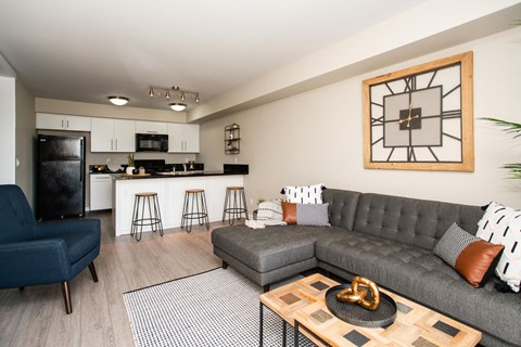 a living room with a couch and a table